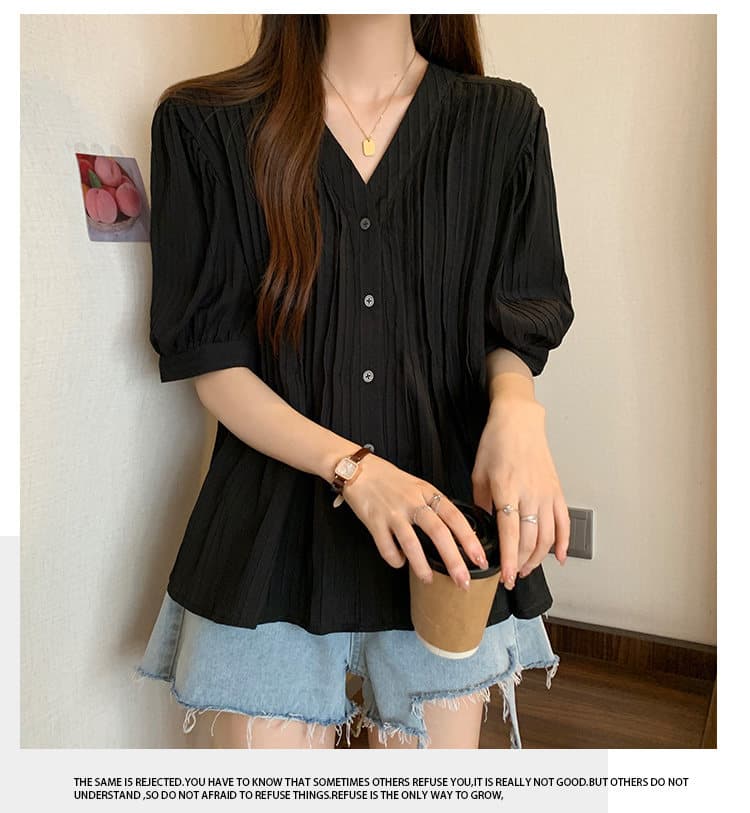 주름 V넥 반팔 여성 셔츠 여름 빅 사이즈 지방 mm 외국 가스 연령 감소 루즈핏 슬림해 보이는 셔츠 맨위 상세 이미지 10