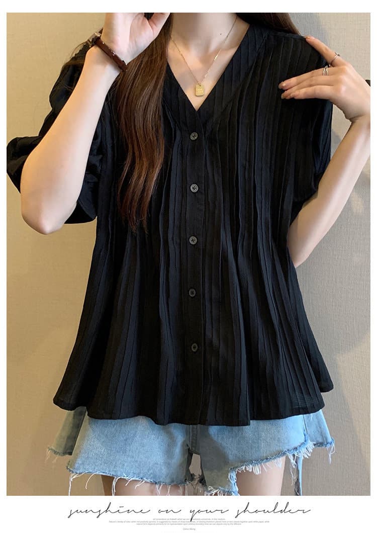 주름 V넥 반팔 여성 셔츠 여름 빅 사이즈 지방 mm 외국 가스 연령 감소 루즈핏 슬림해 보이는 셔츠 맨위 상세 이미지 12