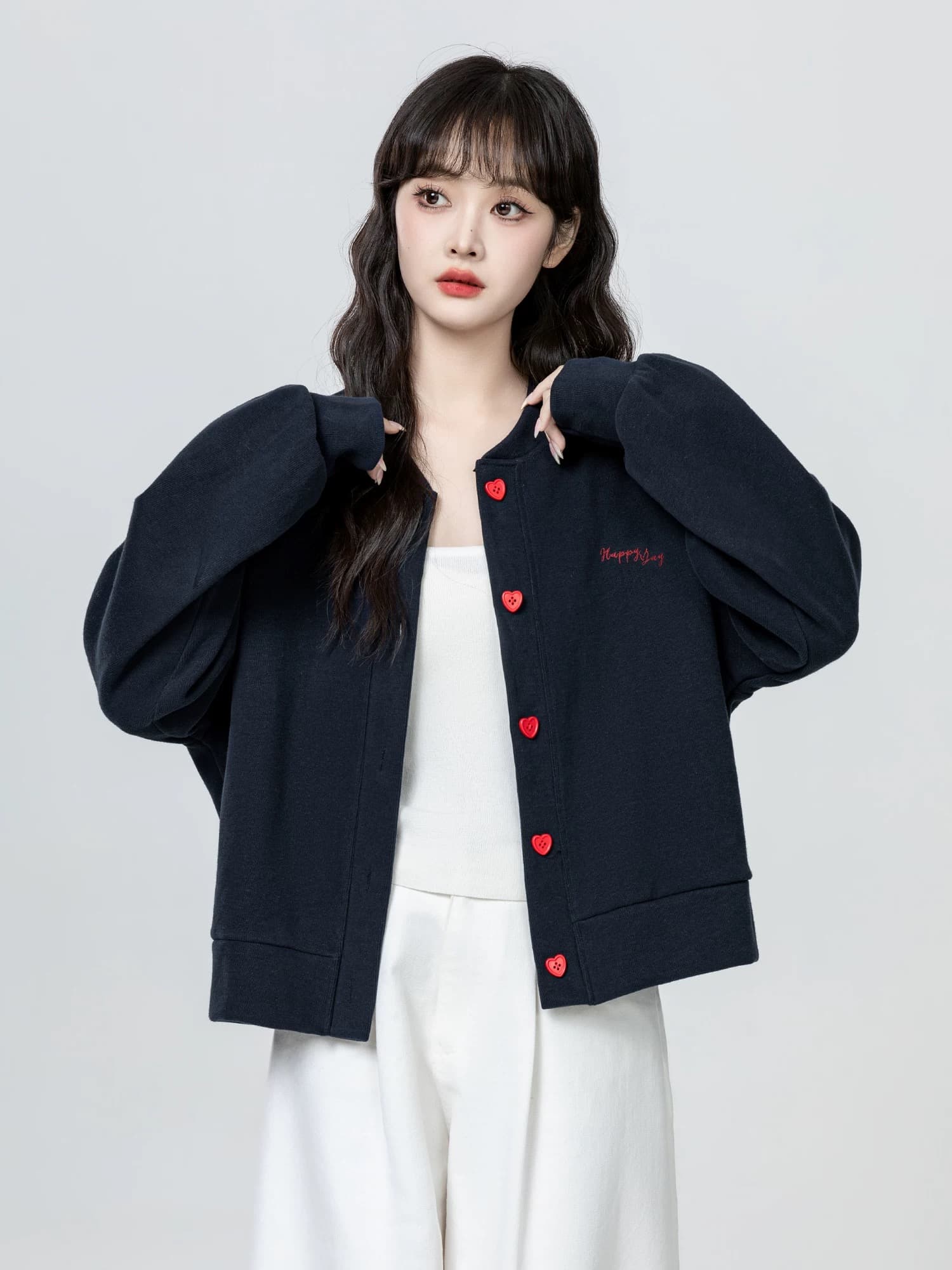 2026 가을 겨울 라운드 넥 재킷 긴팔 오픈 가디건 배색 하트 버클 루즈핏 야구 유니폼 여성 셔츠 이미지 3