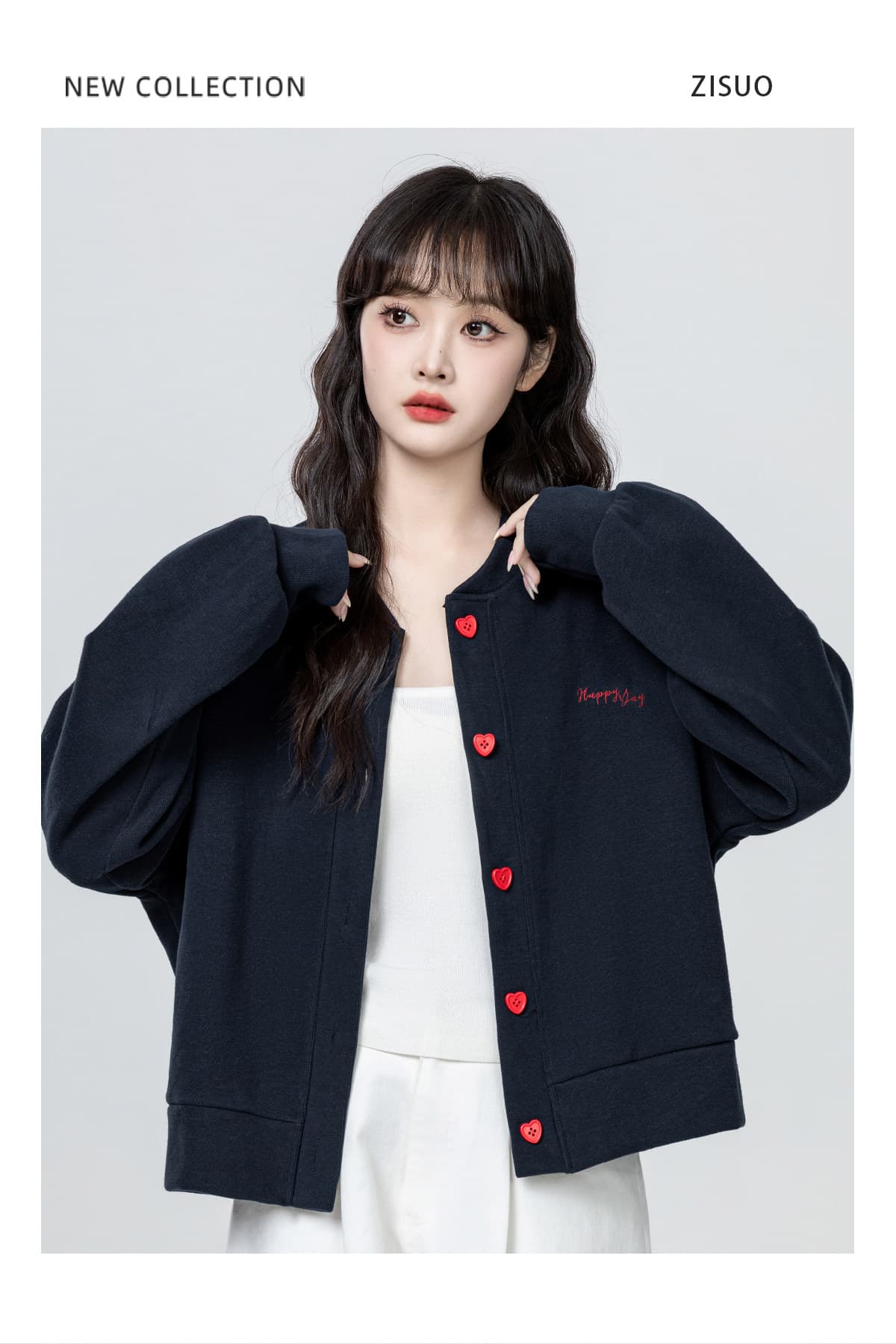 2026 가을 겨울 라운드 넥 재킷 긴팔 오픈 가디건 배색 하트 버클 루즈핏 야구 유니폼 여성 셔츠 상세 이미지 6