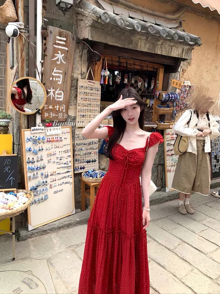 화이트 워터 여성 섬 꽃 작은 날다 소매 백리스 여성 드레스 슬림해 보이는 부드러운 다용도 해변가 휴가 드레스 이미지 4