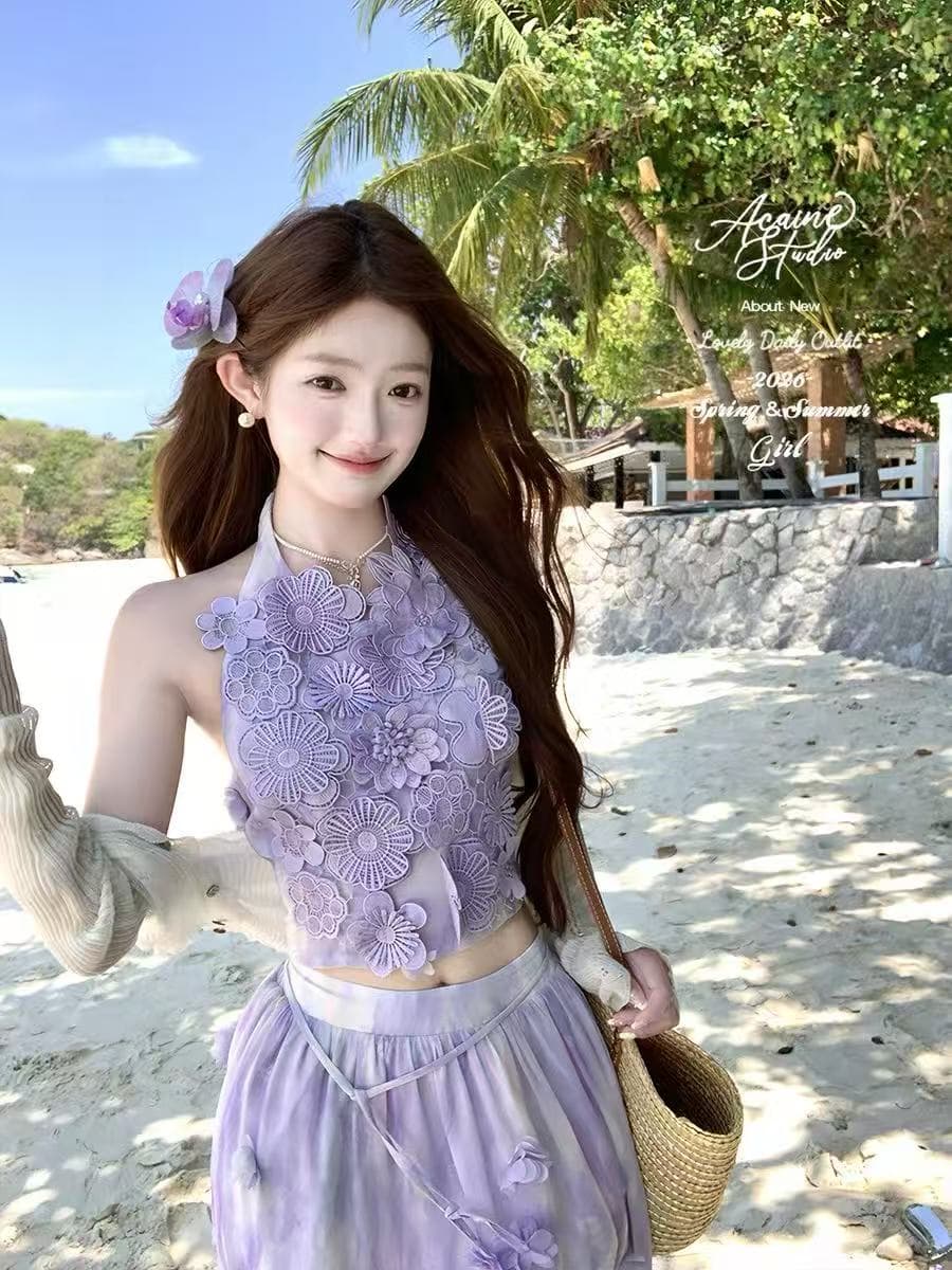 acaine 마이크로 팬 스택 보라색 그라데이션 레이스 행침 목 맨위 반 스커트 이미지 3