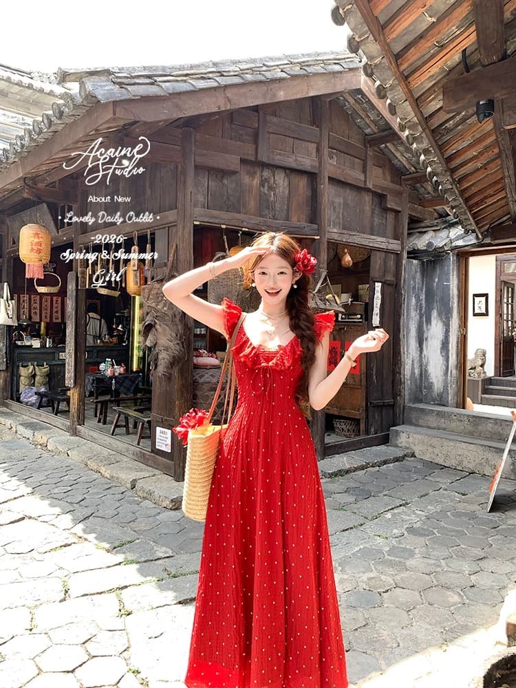 acaine4 28 20 00 95 할인 빨간색 석류 빛 법 도트 무늬 프릴 슬립 드레스 이미지 2