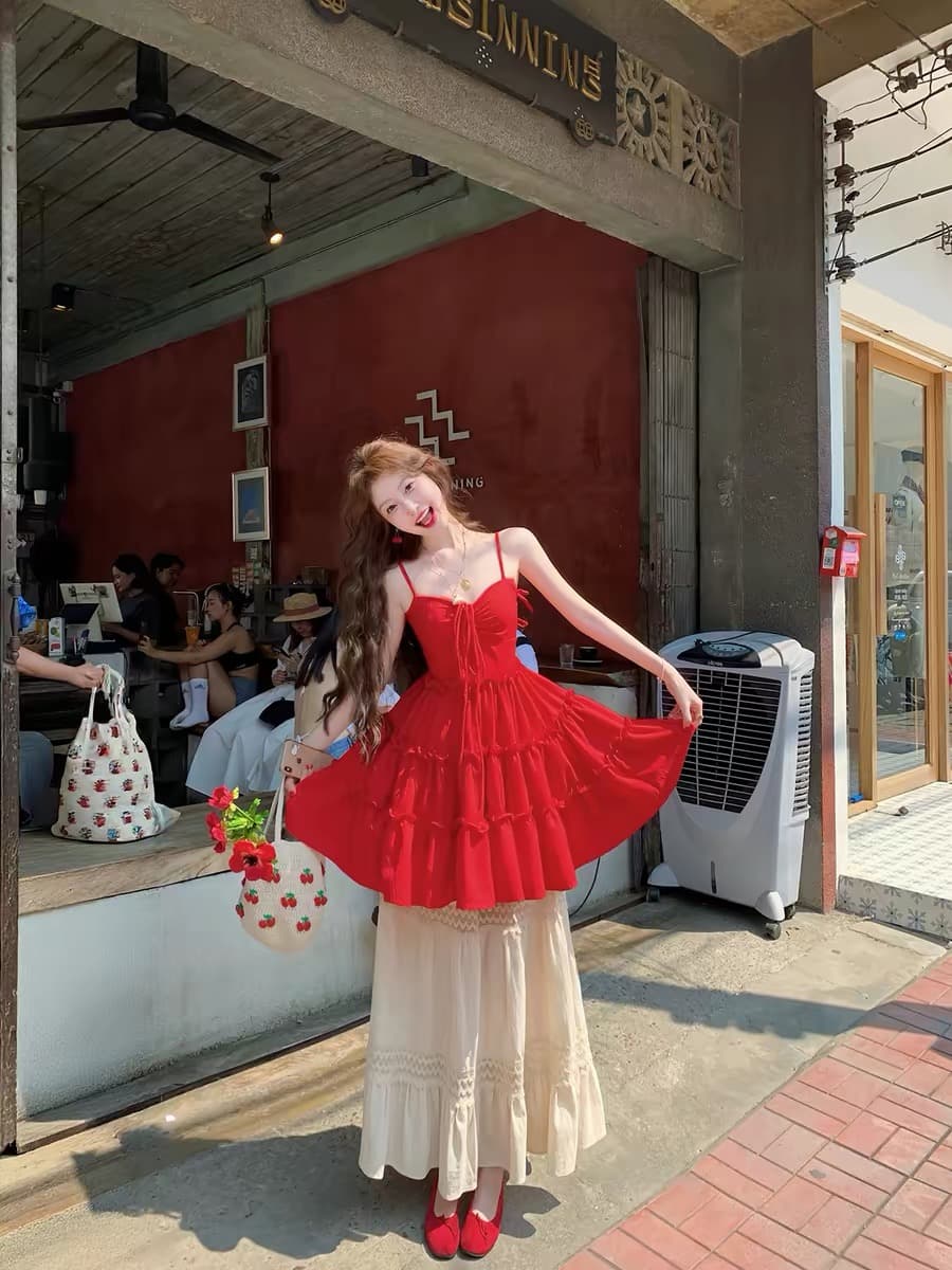 크랜베리 멜라루카 오리지널 명 艳红 조정 슬립 케이크 드레스 허리 수축 슬림해 보이는 휴가 바람 쇼트 스타일 퍼프 스커트 이미지 4