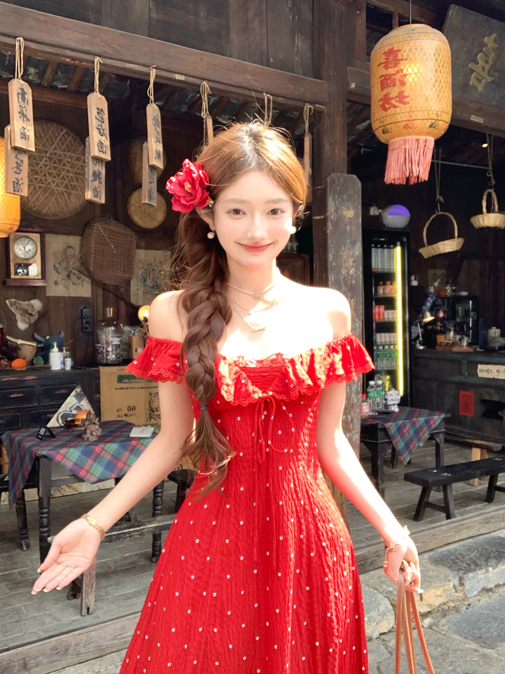 acaine4 28 20 00 95 할인 빨간색 석류 빛 법 도트 무늬 프릴 슬립 드레스 이미지 3