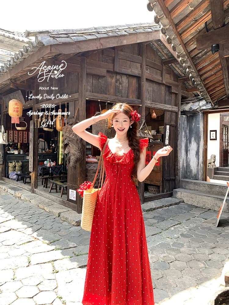 acaine4 28 20 00 95 할인 빨간색 석류 빛 법 도트 무늬 프릴 슬립 드레스 이미지 3