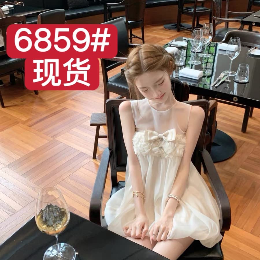 늦게 우산 우산 26 ss 구름 밀가루 부드러운 나비 매듭 훈련 버클 장미 꽃밭 민소매 망사 드레스 이미지 5