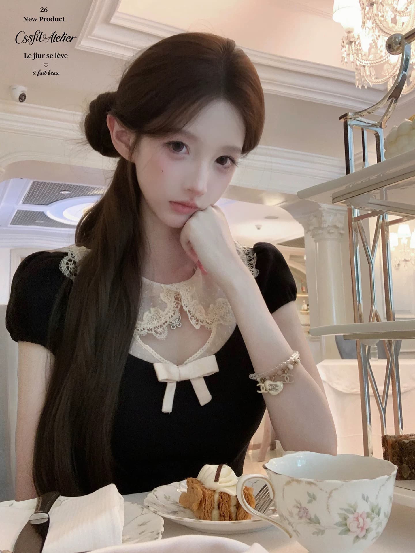 늦게 우산 우산 26 ss 비공개 상속인 도트 무늬 피터 팬 칼라 레이스 홀로우 아웃 패치워크 거품 소매 드레스 이미지 3