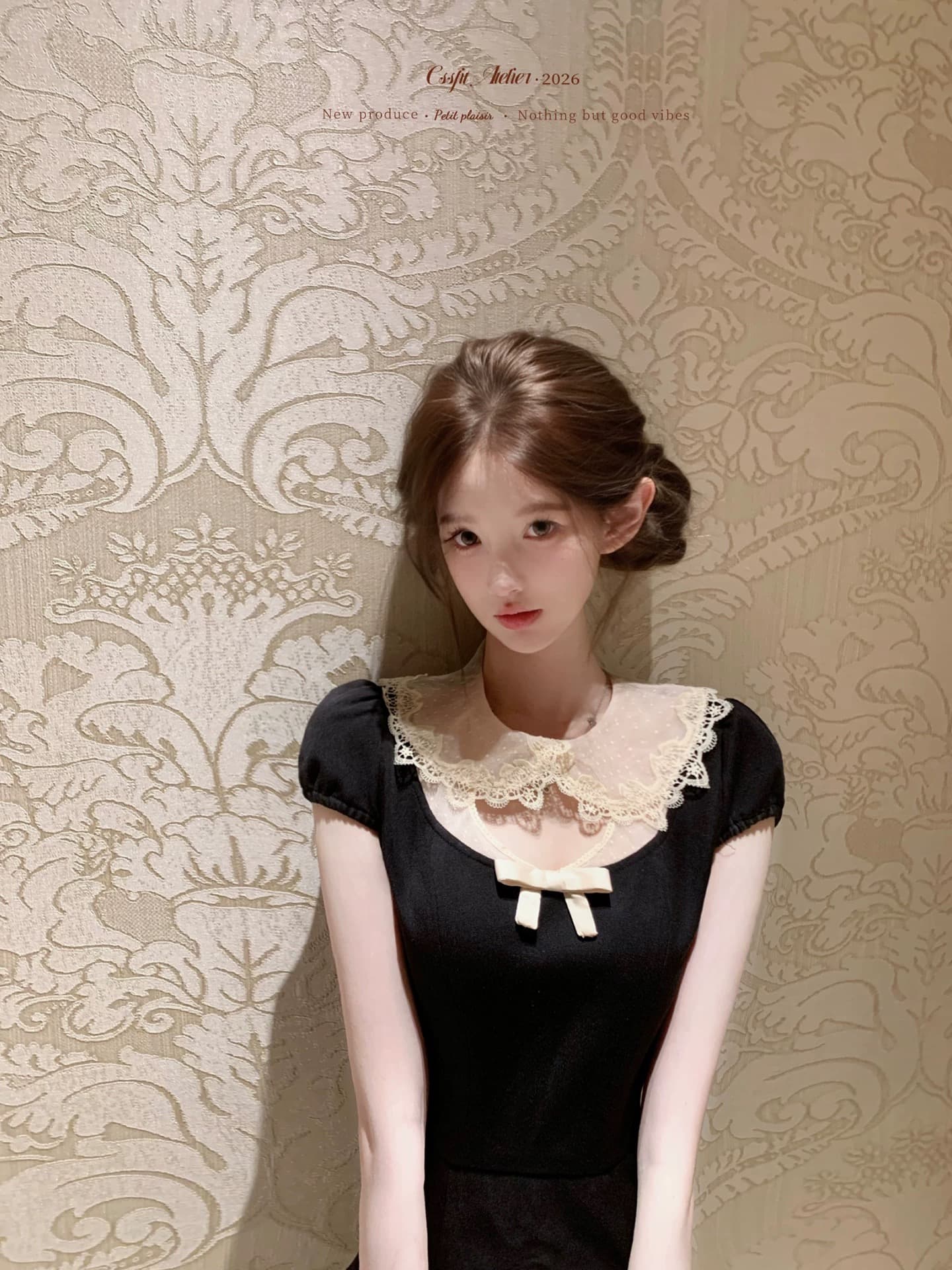 늦게 우산 우산 26 ss 비공개 상속인 도트 무늬 피터 팬 칼라 레이스 홀로우 아웃 패치워크 거품 소매 드레스 이미지 2