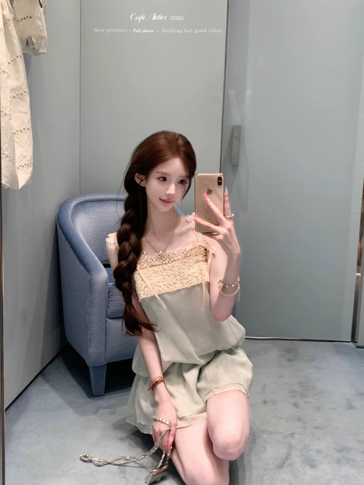 늦게 우산 우산 26 ss 업그레이드 된 버전 작은 여자 레이스 슬립 녹색 허리 수축 드레스 이미지 4