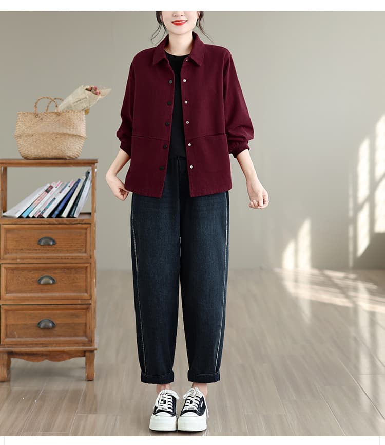실사 2026 새로운 캐주얼 순면 짧은 여성 코트 중년 엄마 루즈핏 빅 사이즈 품격 재킷 폴로 칼라 맨위 상세 이미지 21