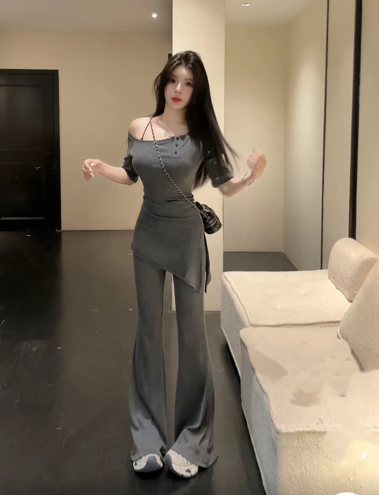 huihui 여름 새로운 한 부서 캐주얼 바람 반팔 맨위 와이드 레그 팬츠 세트 이미지 4