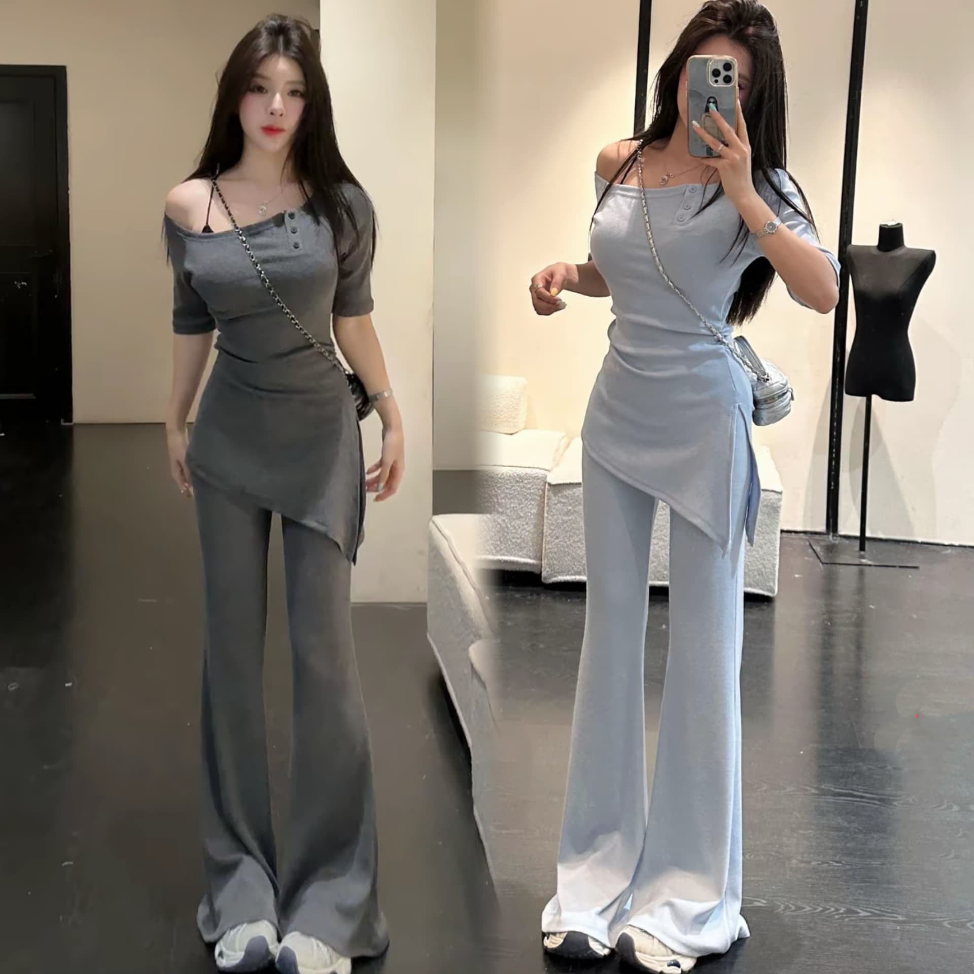 huihui 여름 새로운 한 부서 캐주얼 바람 반팔 맨위 와이드 레그 팬츠 세트 이미지 2