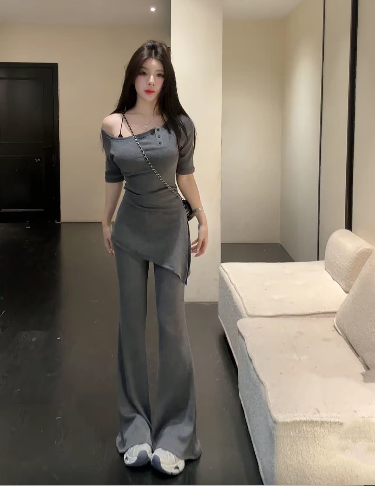 huihui 여름 새로운 한 부서 캐주얼 바람 반팔 맨위 와이드 레그 팬츠 세트 이미지 3