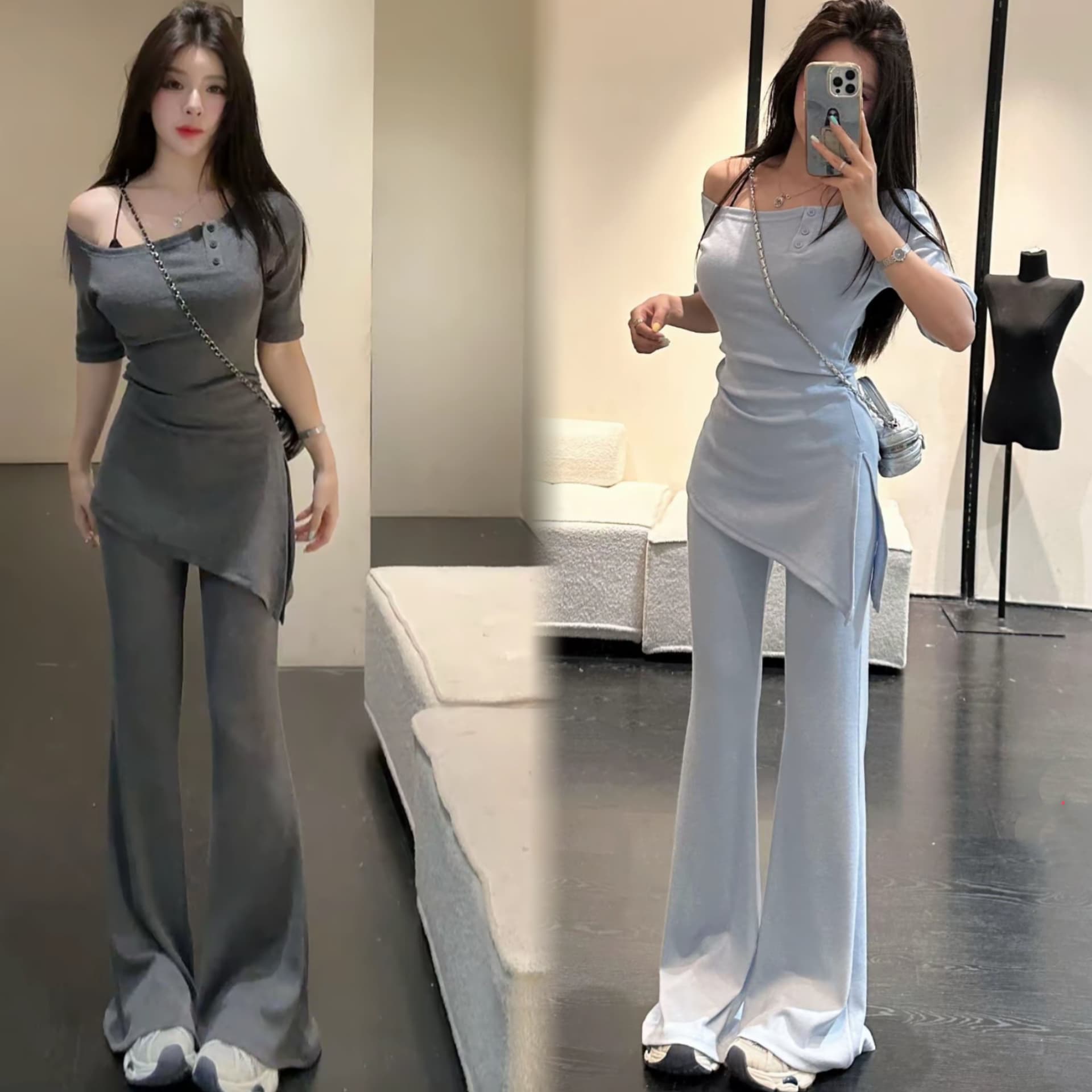 huihui 여름 새로운 한 부서 캐주얼 바람 반팔 맨위 와이드 레그 팬츠 세트 상세 이미지 1