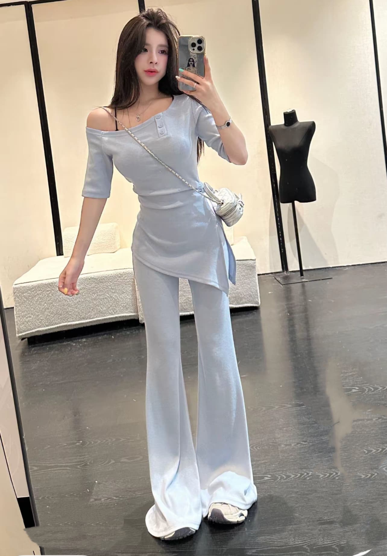 huihui 여름 새로운 한 부서 캐주얼 바람 반팔 맨위 와이드 레그 팬츠 세트 상세 이미지 4
