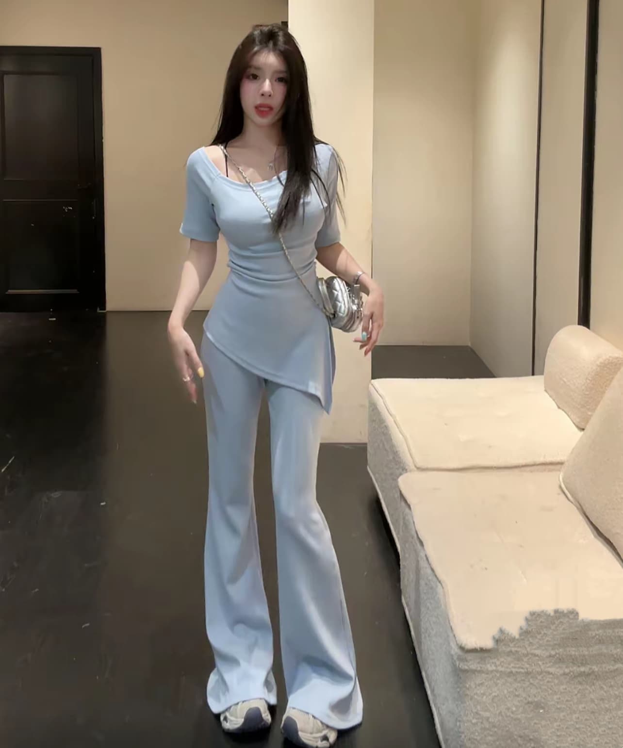 huihui 여름 새로운 한 부서 캐주얼 바람 반팔 맨위 와이드 레그 팬츠 세트 상세 이미지 6
