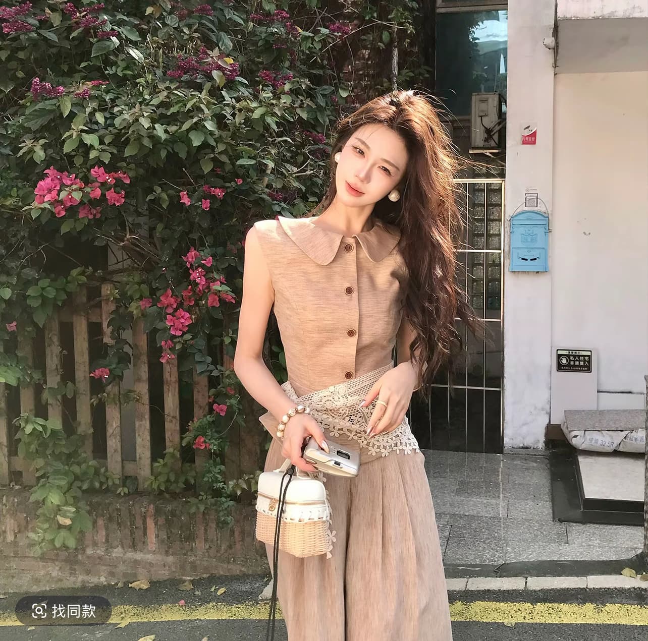 무쯔리 목자이 ~ 중 리 꽃 처마 따뜻한 회복 고대 문예 바람 민소매 허리 수축 맨위 와이드 레그 팬츠 신선함 세트 이미지 5
