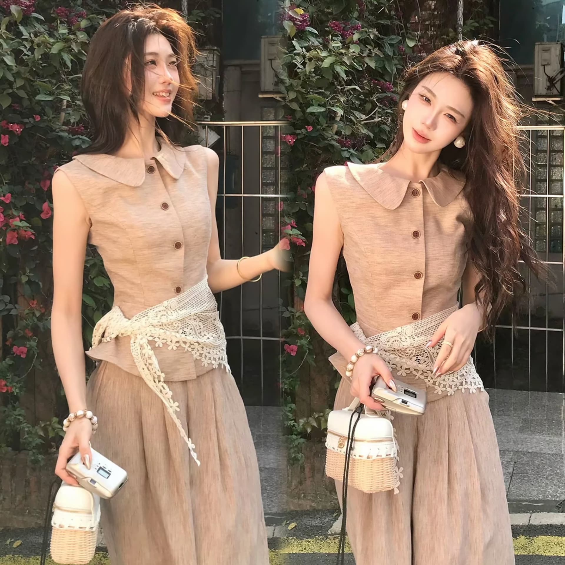 무쯔리 목자이 ~ 중 리 꽃 처마 따뜻한 회복 고대 문예 바람 민소매 허리 수축 맨위 와이드 레그 팬츠 신선함 세트 상세 이미지 2