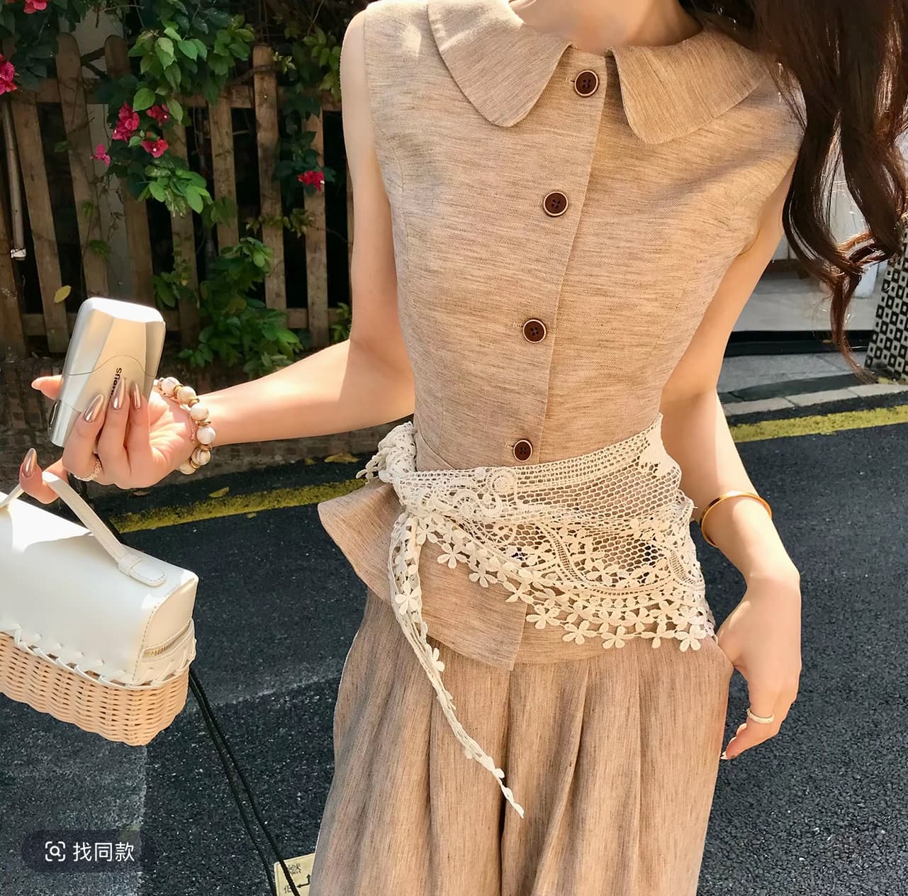 무쯔리 목자이 ~ 중 리 꽃 처마 따뜻한 회복 고대 문예 바람 민소매 허리 수축 맨위 와이드 레그 팬츠 신선함 세트 상세 이미지 6