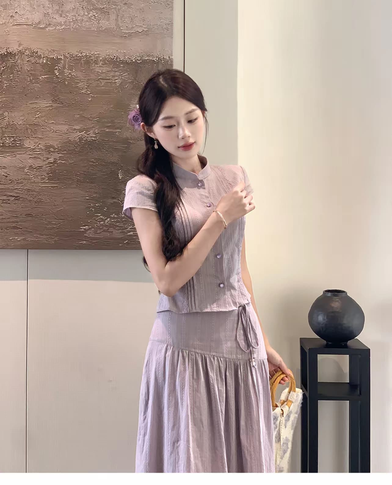 eia 보라색 연기 소문 품격 감기 허리 수축 반팔 맨위 하이웨이스트 한 마디 롱 스커트 부드러운 슬림해 보이는 투피스 세트 상세 이미지 5