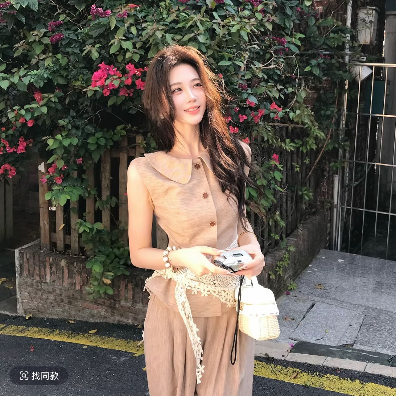 무쯔리 목자이 ~ 중 리 꽃 처마 따뜻한 회복 고대 문예 바람 민소매 허리 수축 맨위 와이드 레그 팬츠 신선함 세트 이미지 5
