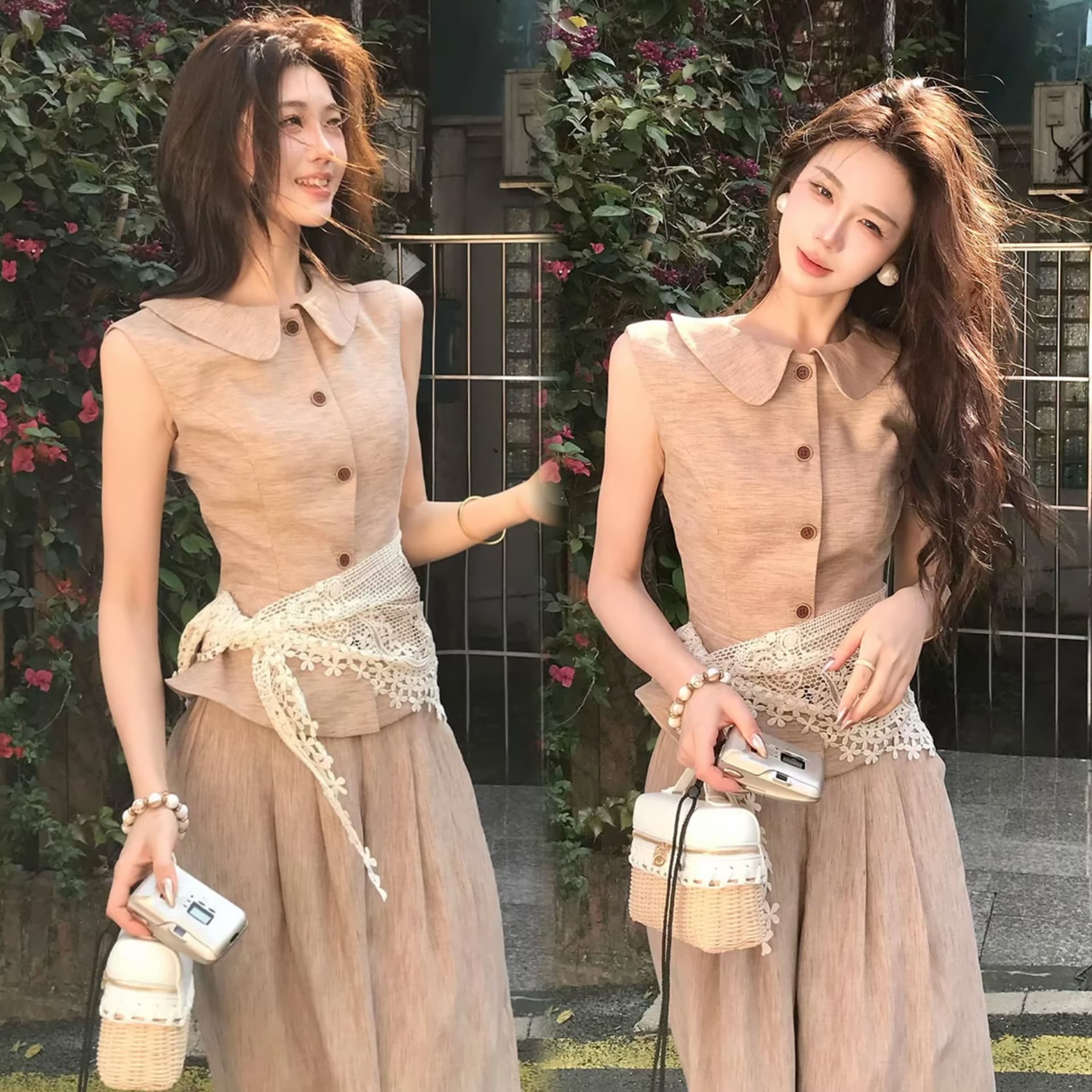 무쯔리 목자이 ~ 중 리 꽃 처마 따뜻한 회복 고대 문예 바람 민소매 허리 수축 맨위 와이드 레그 팬츠 신선함 세트 이미지 2