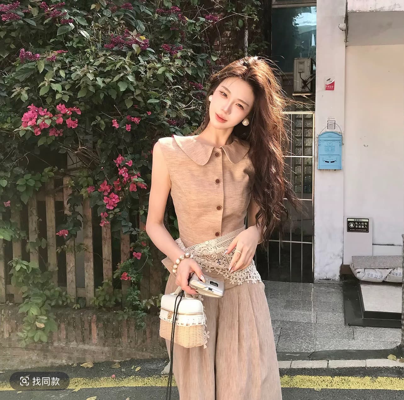 무쯔리 목자이 ~ 중 리 꽃 처마 따뜻한 회복 고대 문예 바람 민소매 허리 수축 맨위 와이드 레그 팬츠 신선함 세트 상세 이미지 1