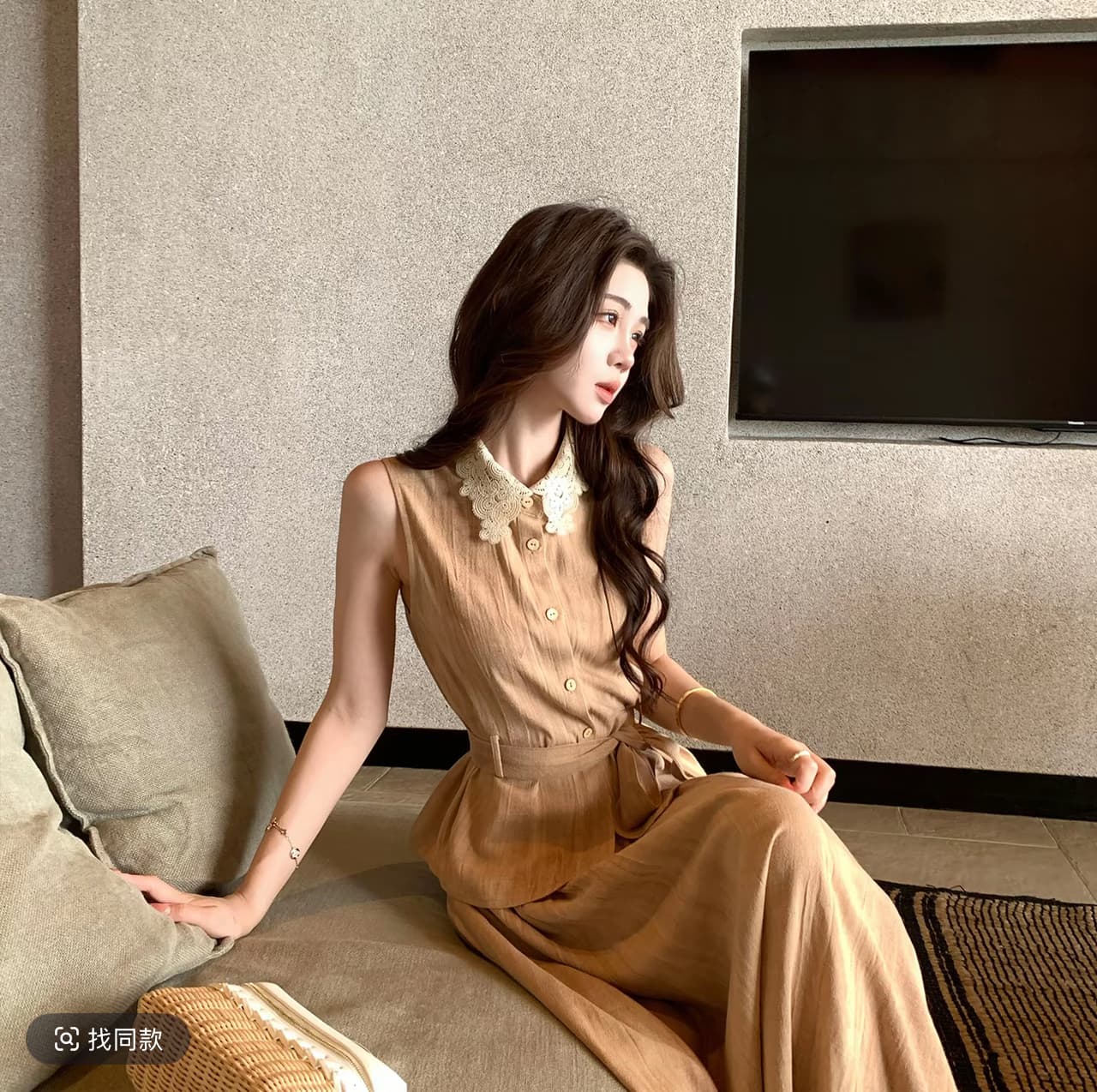 무쯔리 목자이 ~ 중 리 바람 이자 십자가 여름 레트로 스타일 레이스 레이스 민소매 맨위 도루 센스 반신 스커트 아마 세트 이미지 5