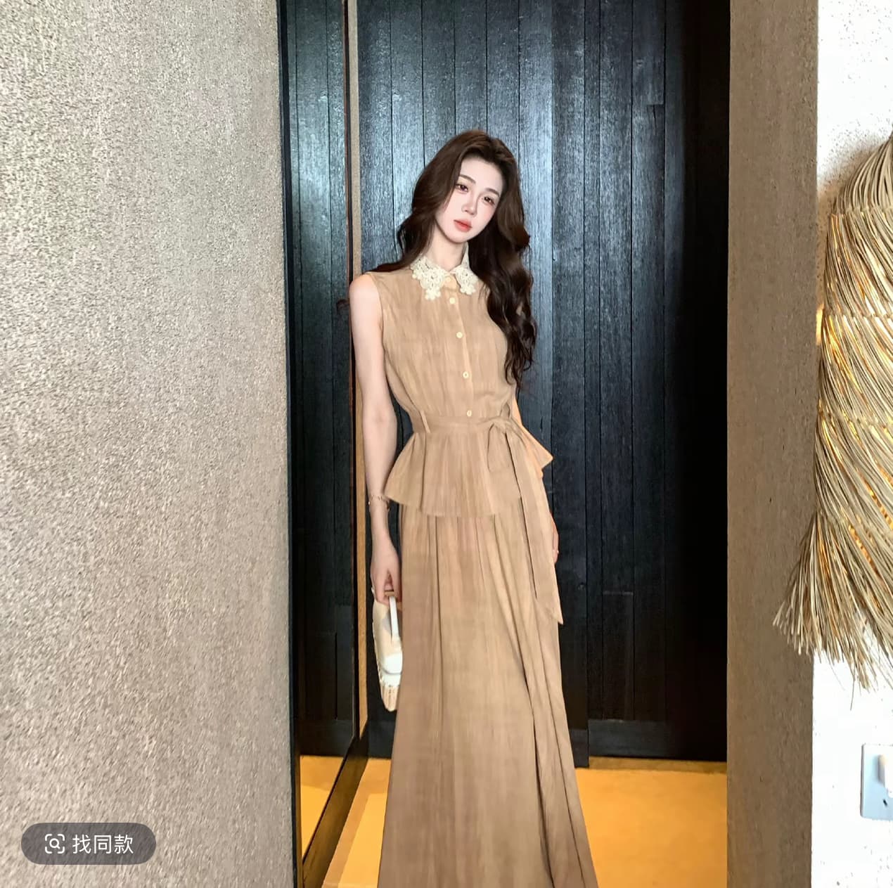 무쯔리 목자이 ~ 중 리 바람 이자 십자가 여름 레트로 스타일 레이스 레이스 민소매 맨위 도루 센스 반신 스커트 아마 세트 상세 이미지 6