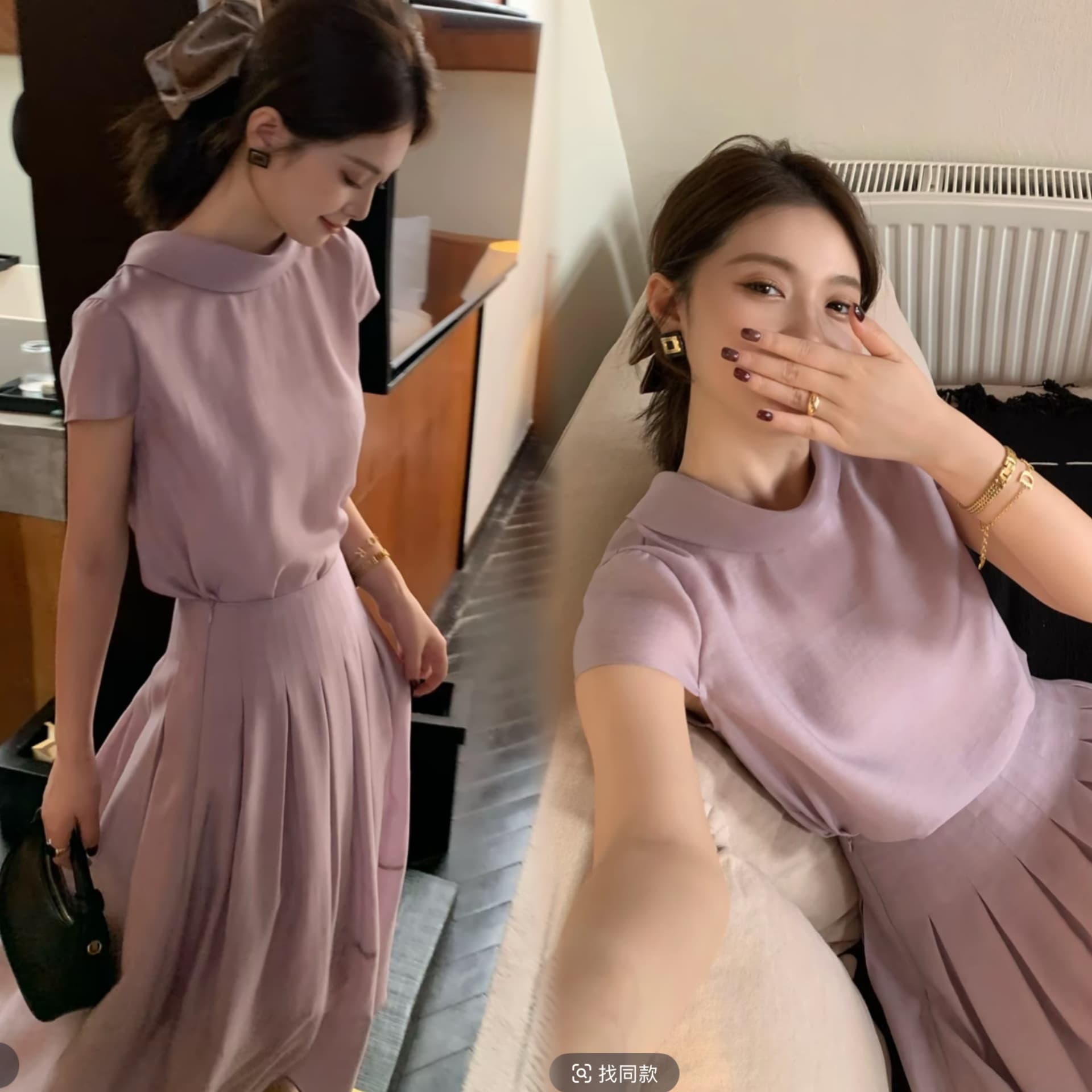 luozhiyin 루오 친한 친구 주간 실크 양모 여름 새로운 한 부서 작은 셔츠 반 스커트 패션 세트 이미지 2
