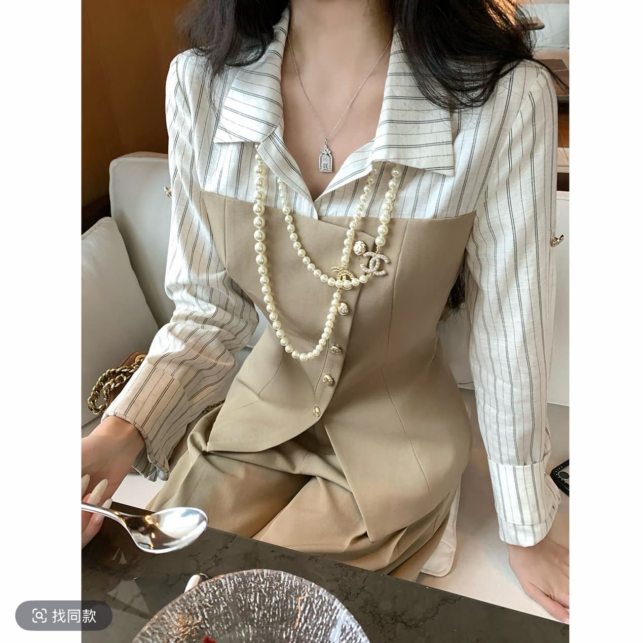 barb chill 지능 세련된 페이크 레이어드 셔츠 맨위 넓은 다리 정장 바지 세트 이미지 5