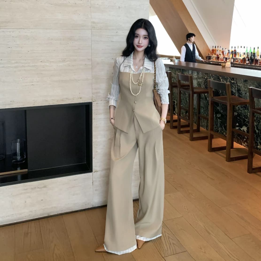 barb chill 지능 세련된 페이크 레이어드 셔츠 맨위 넓은 다리 정장 바지 세트 상세 이미지 5
