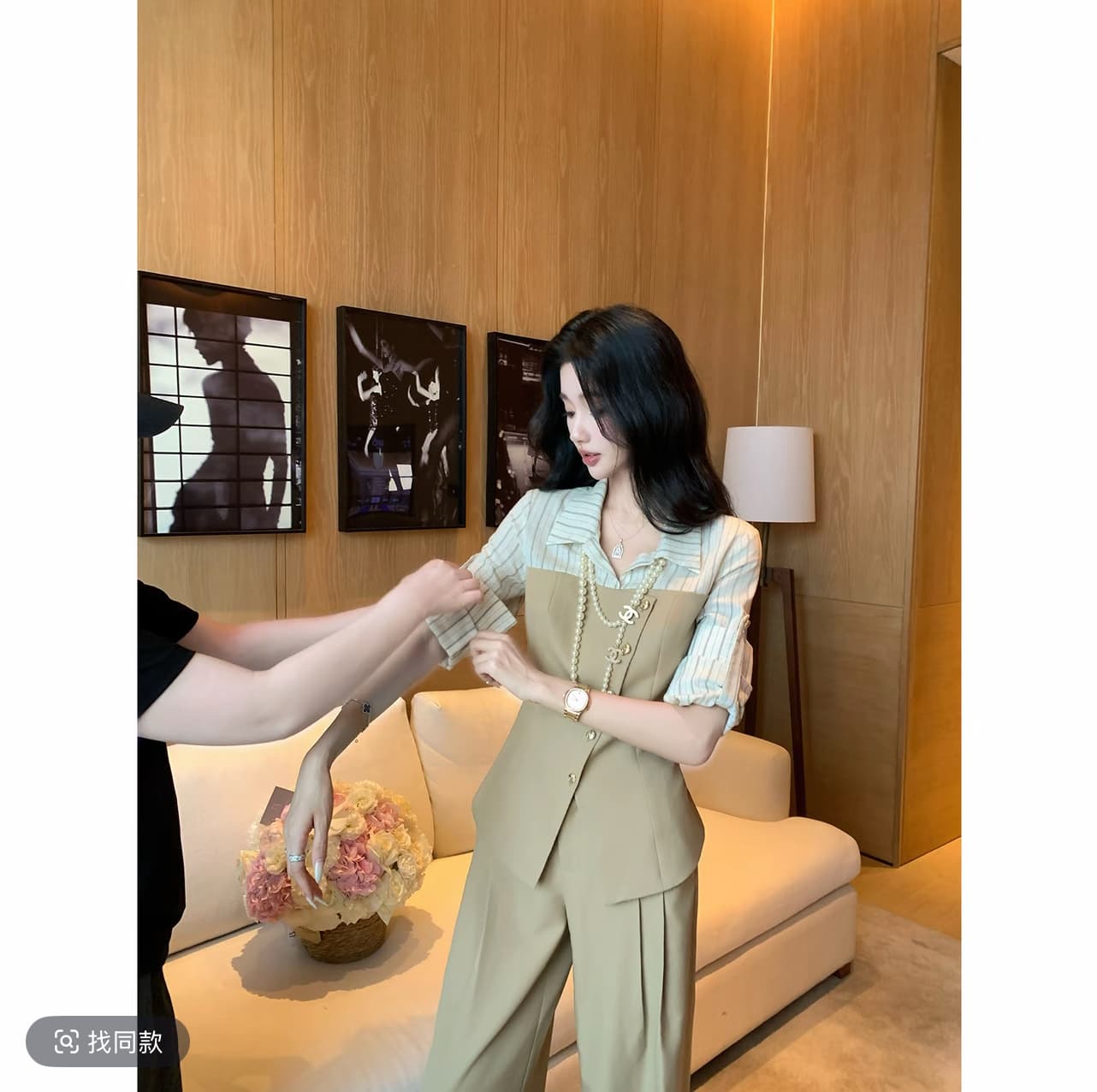 barb chill 지능 세련된 페이크 레이어드 셔츠 맨위 넓은 다리 정장 바지 세트 상세 이미지 6