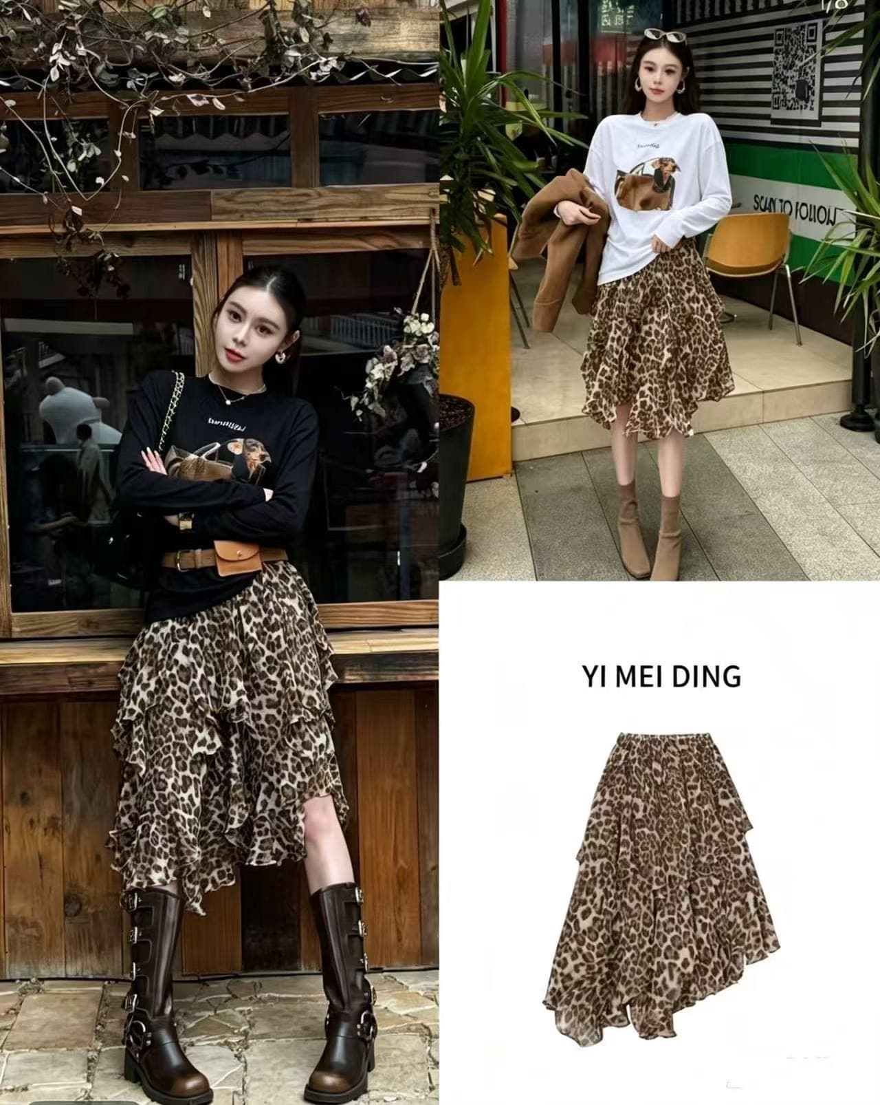 에 따르면 아름다움 딩 다용도 경 사진 디자인 허리밴드 레오파드 무늬 하프 거즈 스커트 루즈핏 티셔츠 세트 상세 이미지 3