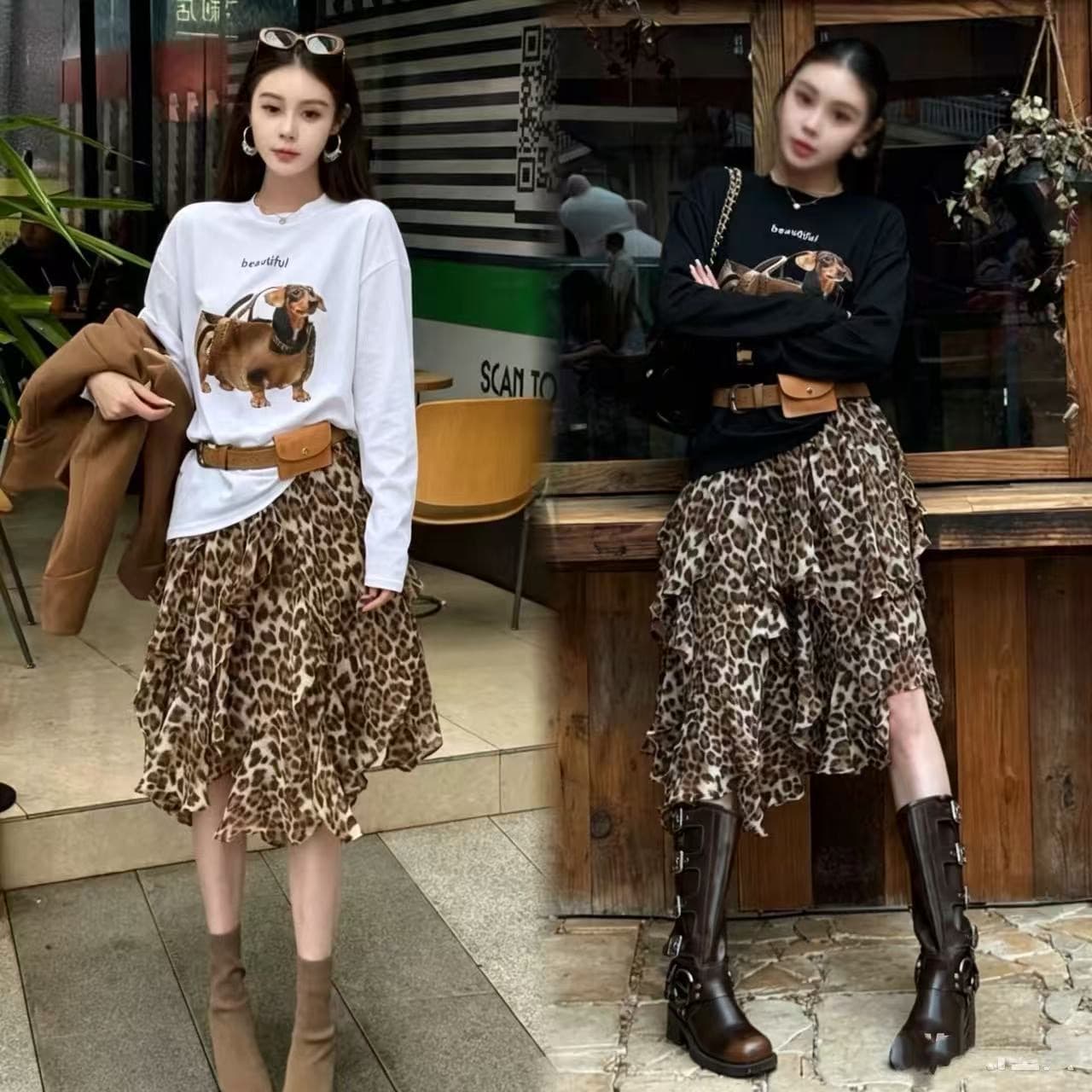 에 따르면 아름다움 딩 다용도 경 사진 디자인 허리밴드 레오파드 무늬 하프 거즈 스커트 루즈핏 티셔츠 세트 상세 이미지 4