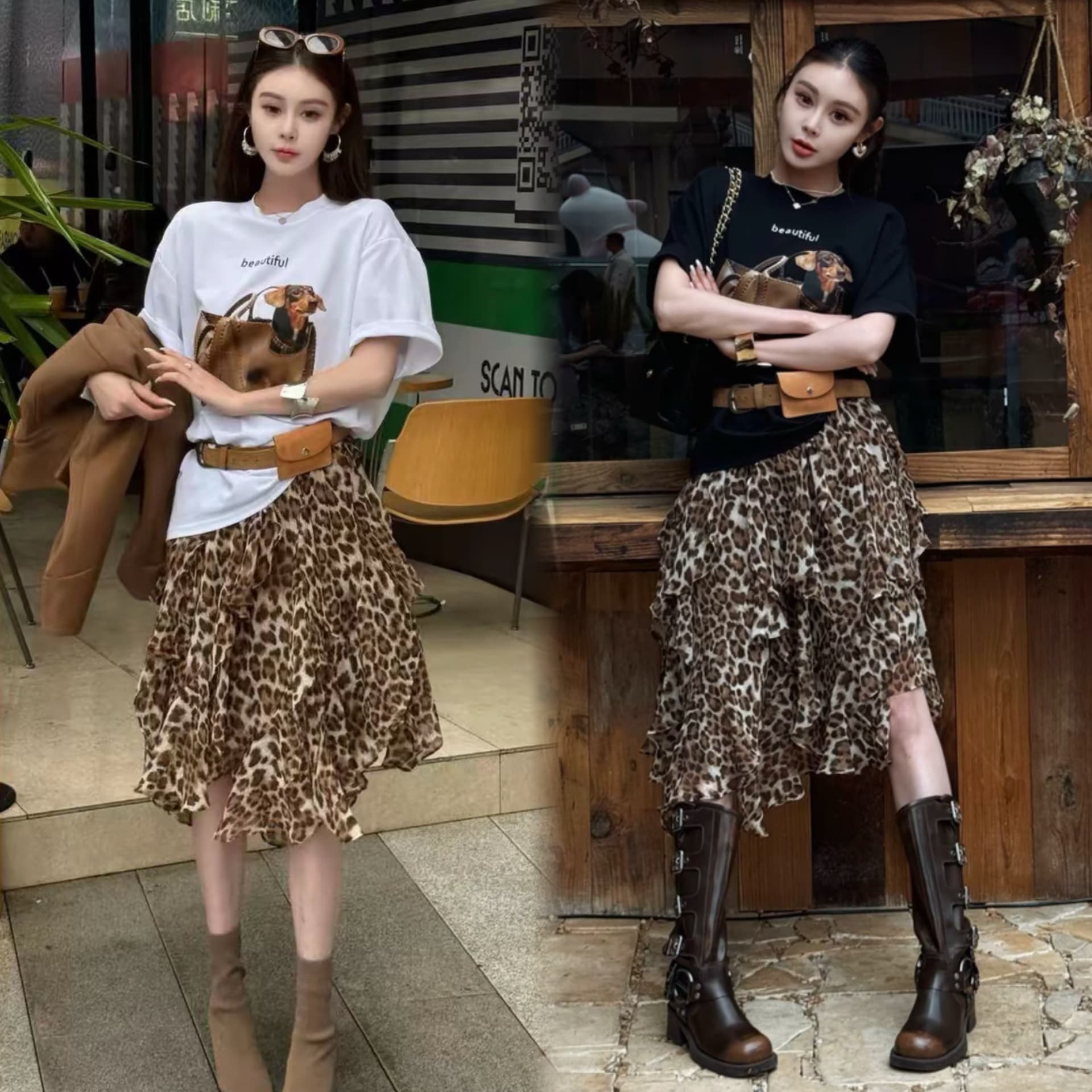 에 따르면 아름다움 딩 다용도 경 사진 디자인 허리밴드 레오파드 무늬 하프 거즈 스커트 루즈핏 티셔츠 세트 상세 이미지 7