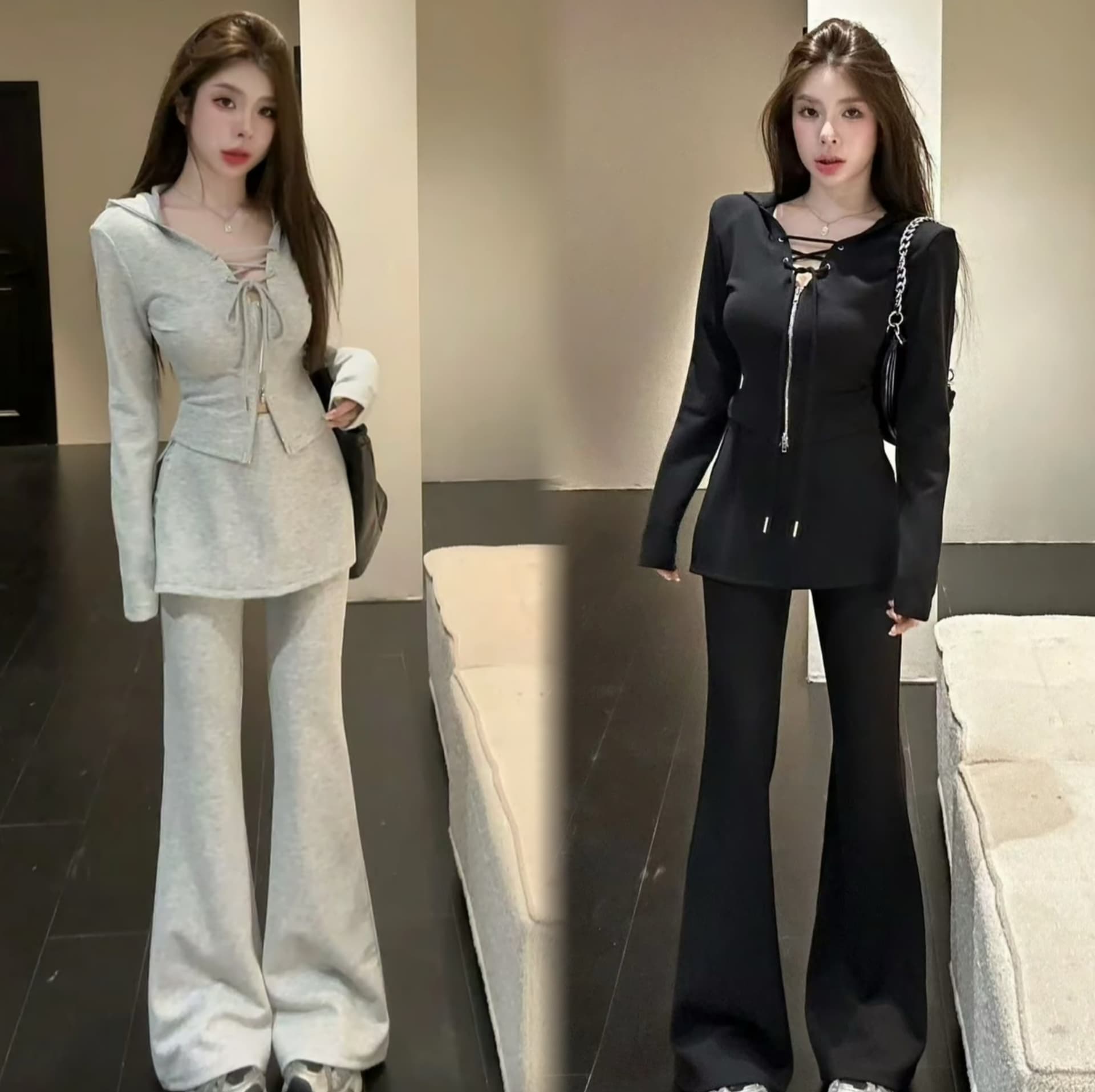 huihui 이른 가을 새로운 프랑스식 품격 슬림해 보이는 후드 맨위 코디 와이드 레그 팬츠 세트 이미지 2