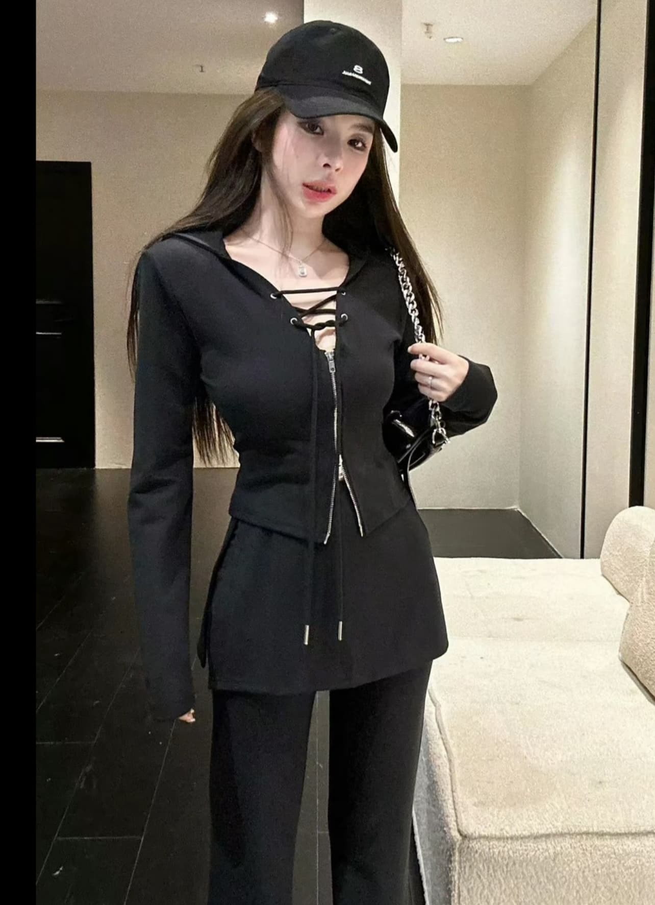 huihui 이른 가을 새로운 프랑스식 품격 슬림해 보이는 후드 맨위 코디 와이드 레그 팬츠 세트 상세 이미지 7