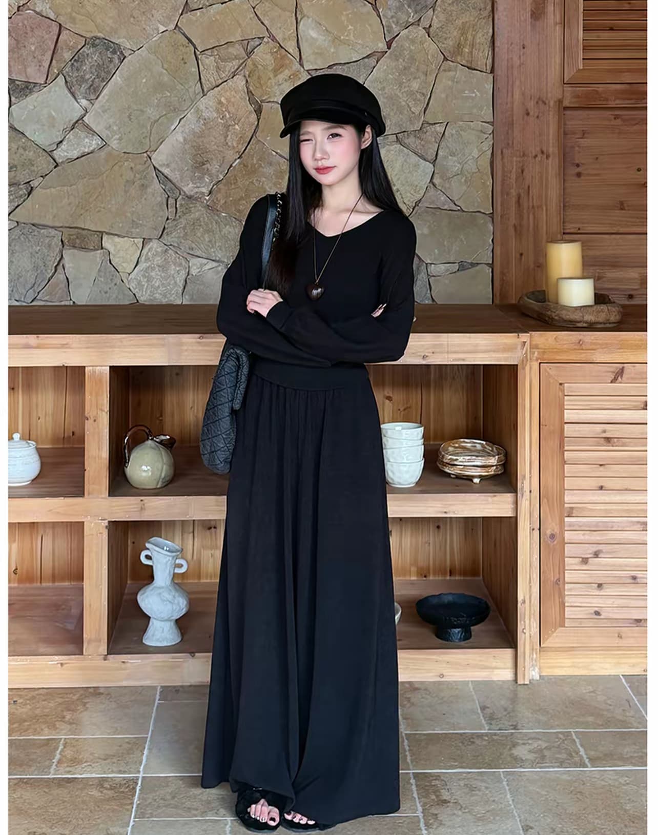 까이 까이 부드러운 품격 바람 작은 키 가을 캐주얼 슬림해 보이는 V넥 맨위 디스플레이 높음 넓은 다리 길이 바지 투피스 세트 상세 이미지 3