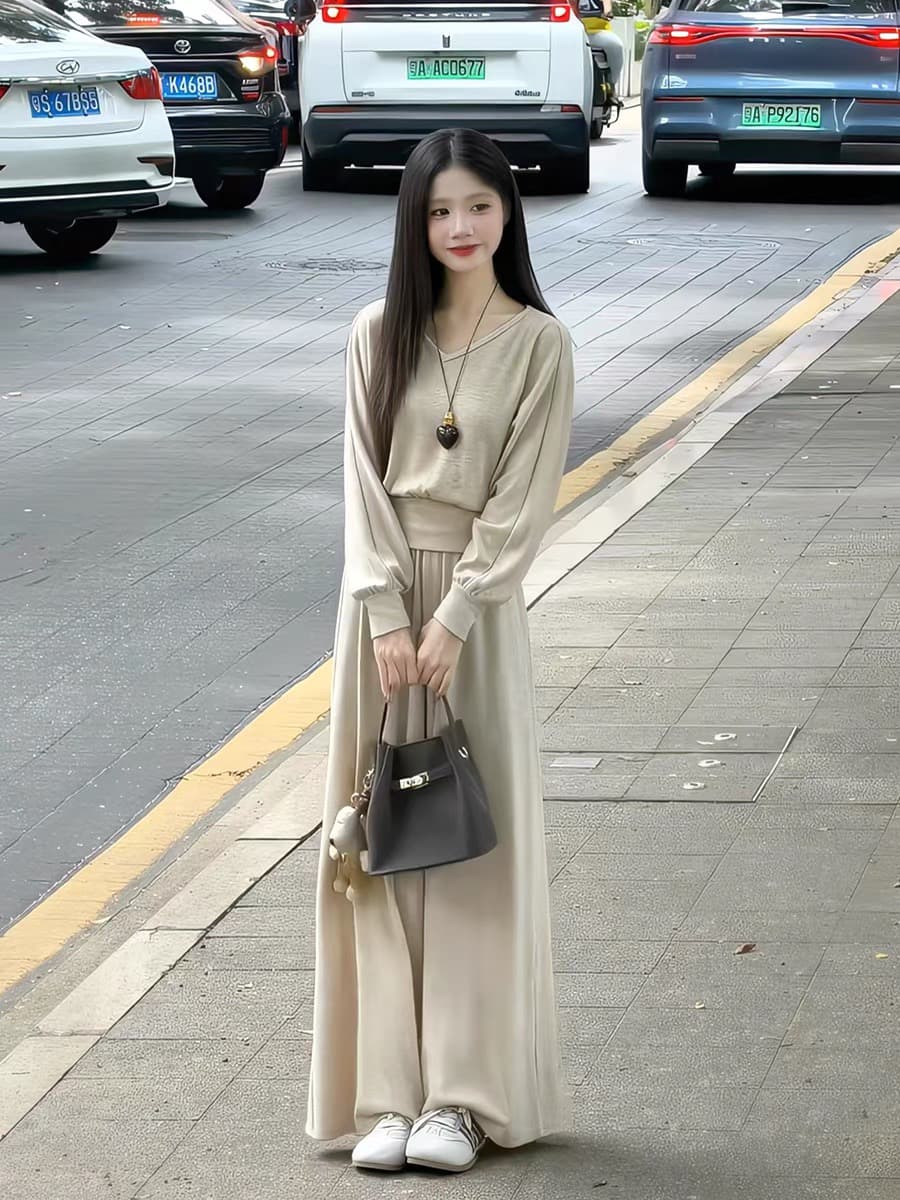 까이 까이 부드러운 품격 바람 작은 키 가을 캐주얼 슬림해 보이는 V넥 맨위 디스플레이 높음 넓은 다리 길이 바지 투피스 세트 이미지 3