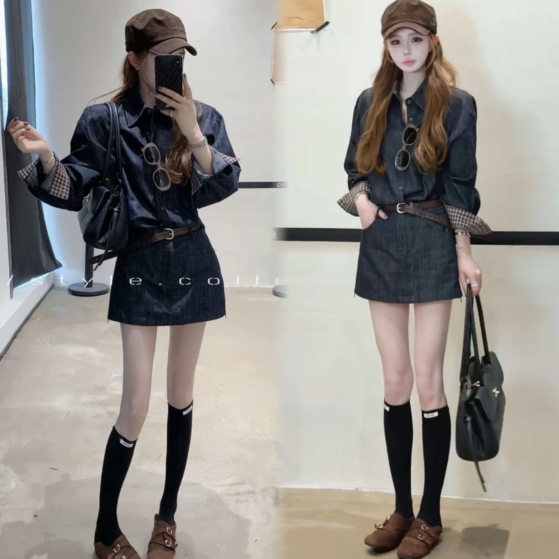 체스 판 그리드 vintage 소매 싸움 체크무늬 데님 셔츠 치마 세트 이미지 2