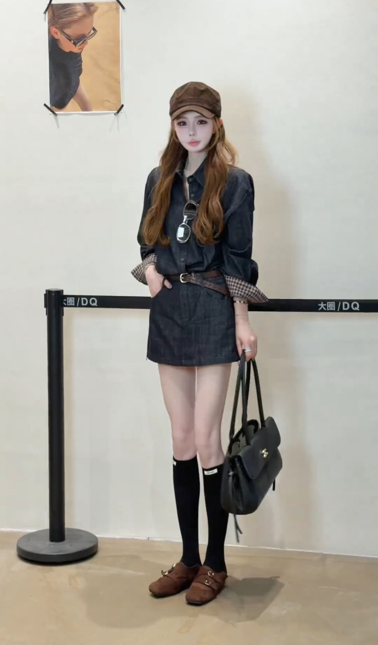체스 판 그리드 vintage 소매 싸움 체크무늬 데님 셔츠 치마 세트 이미지 4