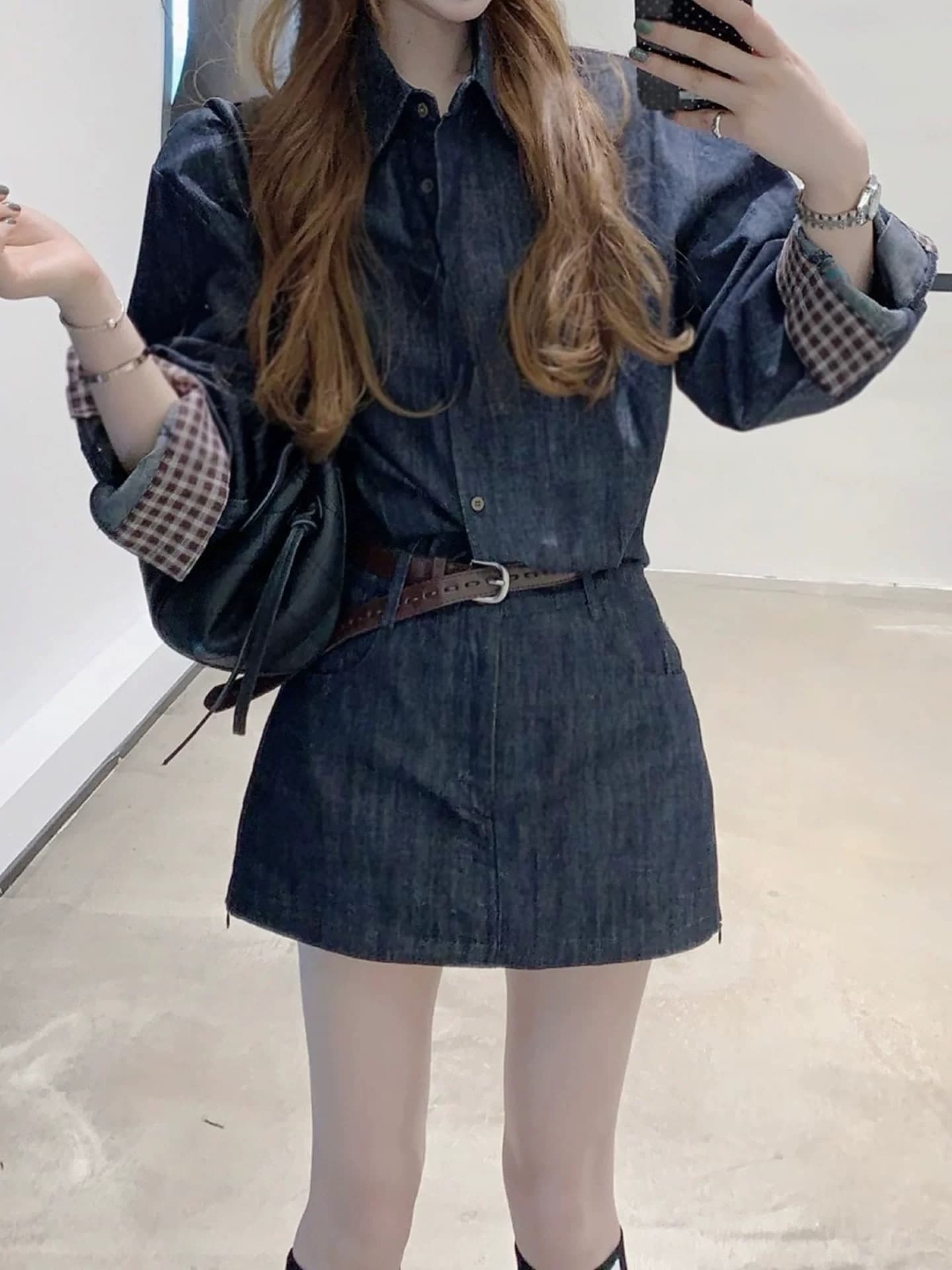 체스 판 그리드 vintage 소매 싸움 체크무늬 데님 셔츠 치마 세트 상세 이미지 3