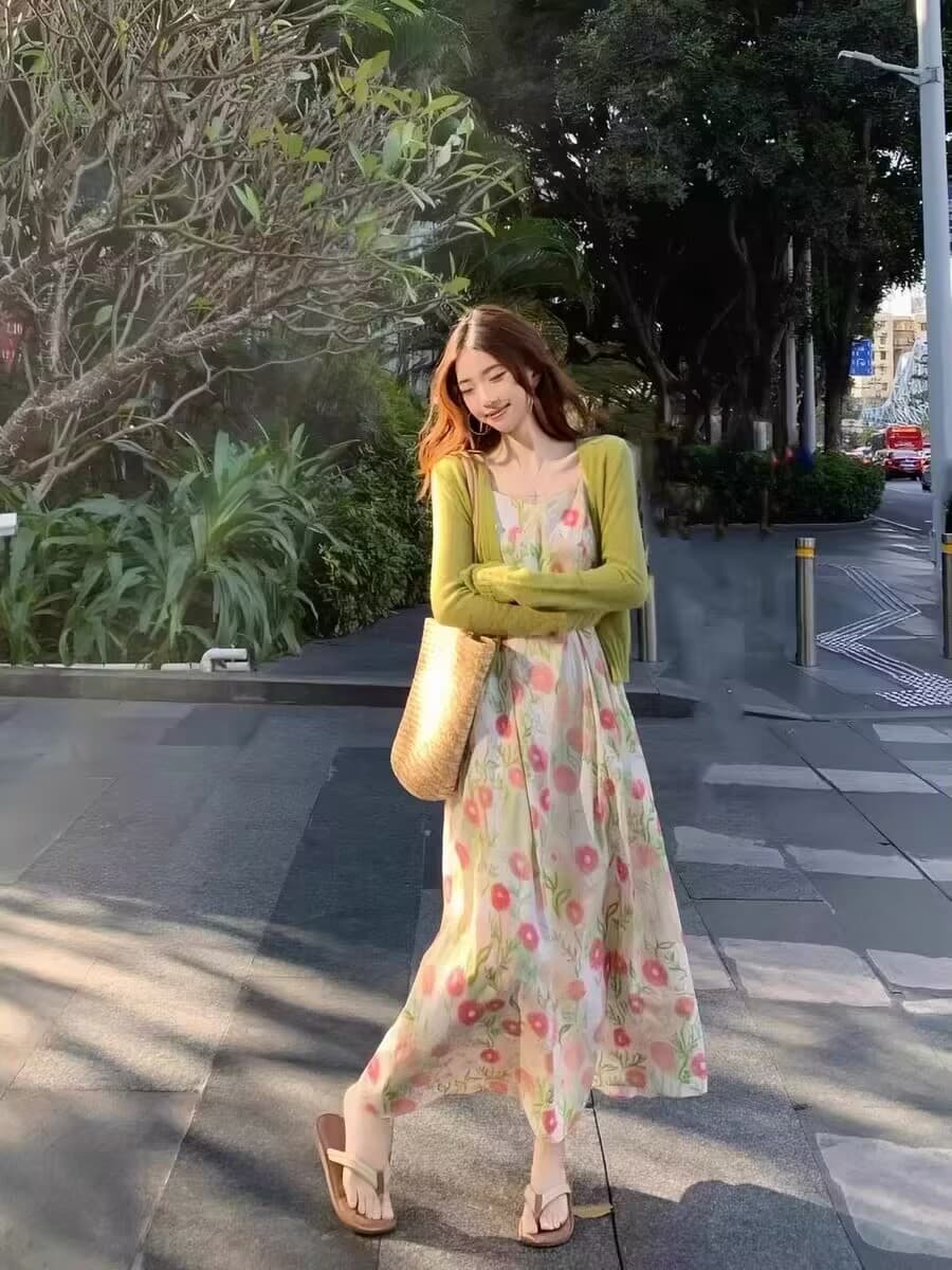 2026 섹션 프랑스식 고급 센스 작은 키 쉬폰 롱 스커트 녹색 꽃무늬 슬립 드레스 투피스 슈트 여성 여름 이미지 4
