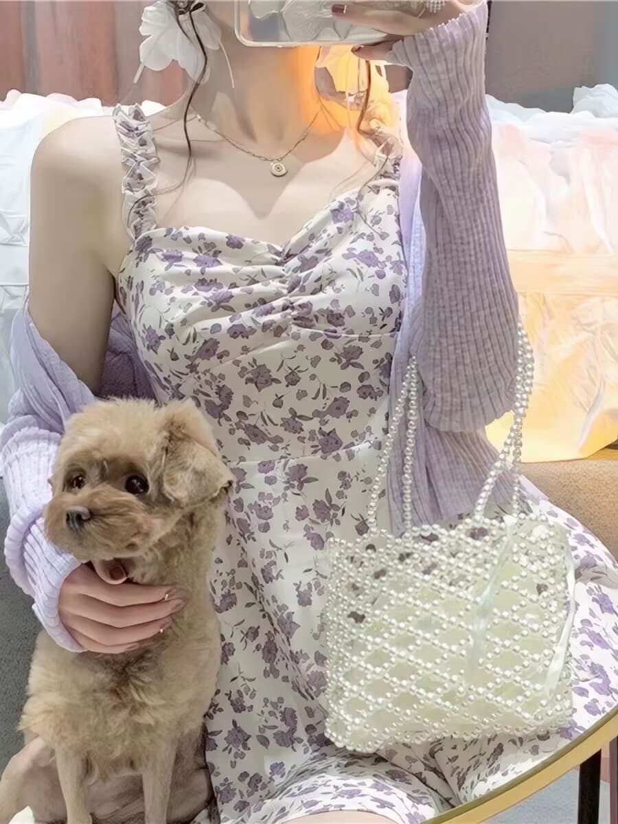 2026 섹션 작은 키 프랑스식 고급 센스 쉬폰 미니 스커트 보라색 꽃무늬 슬립 드레스 투피스 슈트 여성 여름 이미지 3