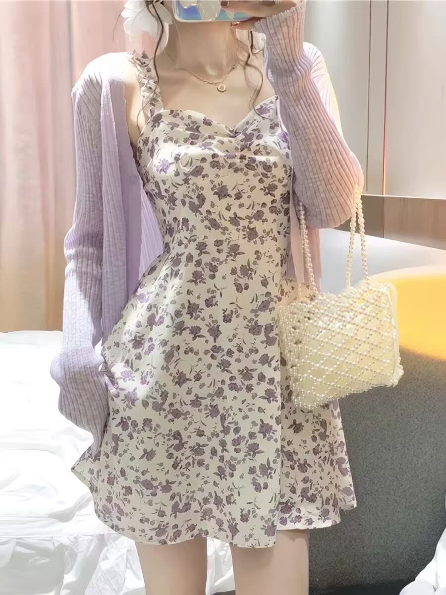 2026 섹션 작은 키 프랑스식 고급 센스 쉬폰 미니 스커트 보라색 꽃무늬 슬립 드레스 투피스 슈트 여성 여름 이미지 4
