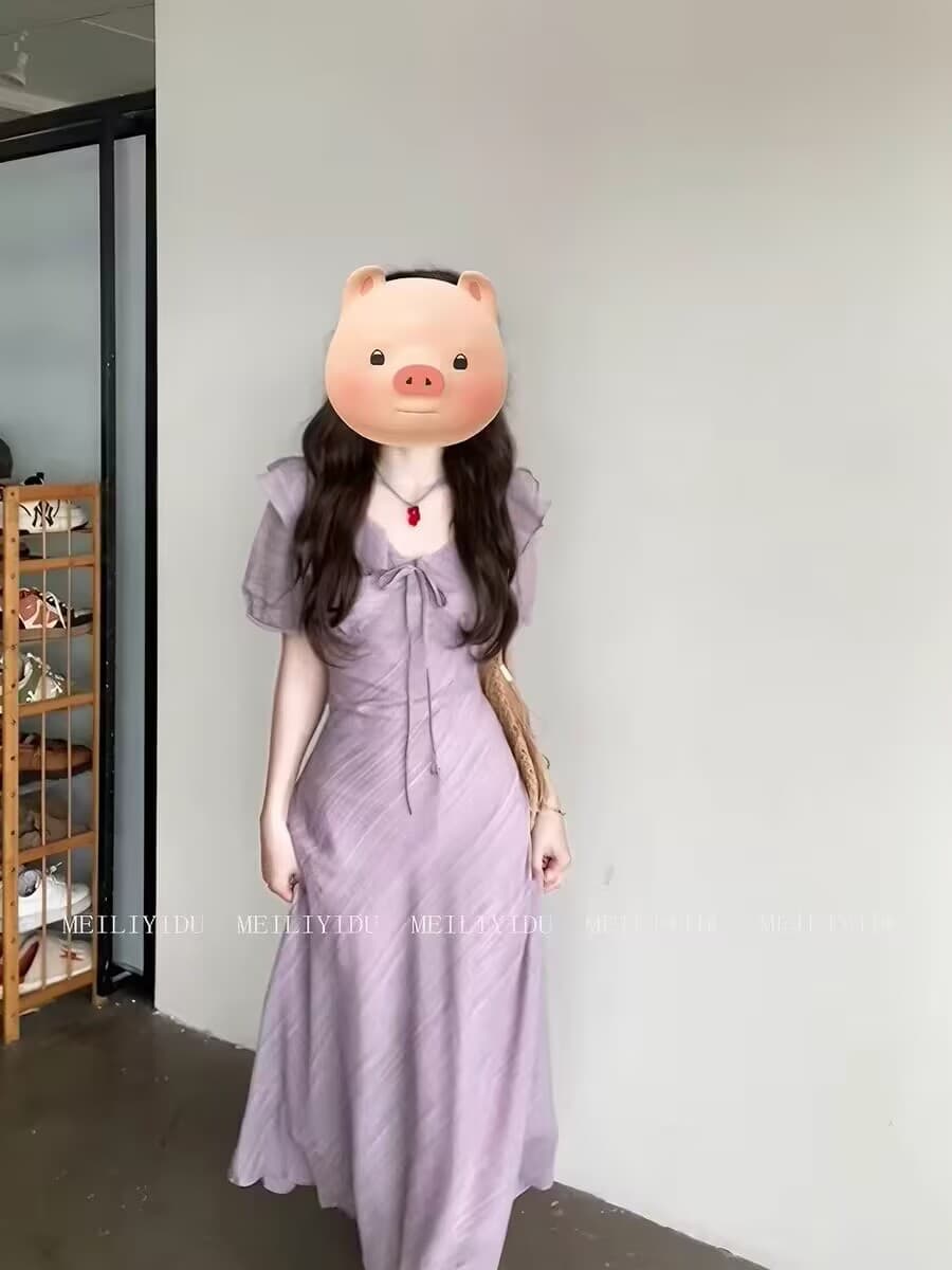 프랑스식 보라색 여성 드레스 여름 2026 새로운 작은 키 고급 센스 해변가 휴가 허리 수축 쉬폰 롱 스커트 상세 이미지 4