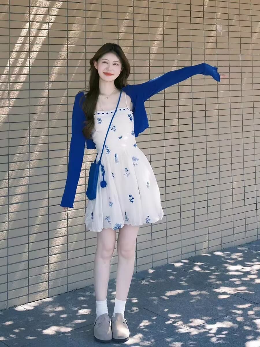 2026 새로운 프랑스식 고급 센스 작은 키 쉬폰 미니 스커트 꽃무늬 슬립 드레스 투피스 슈트 여성 여름 이미지 3