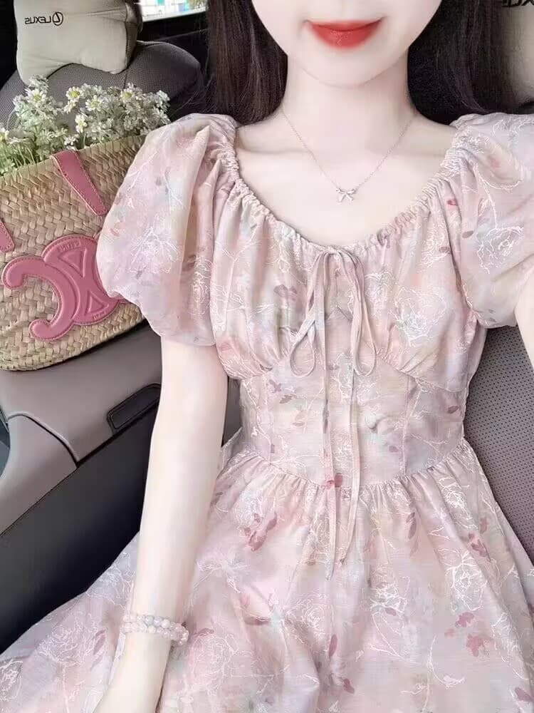 프랑스식 핑크색 꽃무늬 여성 드레스 여름 2026 새로운 작은 키 고급 센스 품격 허리 수축 쉬폰 롱 스커트 상세 이미지 1